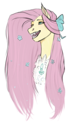 Size: 559x902 | Tagged: safe, artist:penrosa, fluttershy, pony, g4, alternate hairstyle, bow, bust, chest fluff, ear fluff, fangs, female, flower, flower in hair, hair bow, long hair, mare, one eye closed, simple background, slit pupils, solo, white background