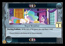 Size: 480x344 | Tagged: safe, princess celestia, starlight glimmer, a royal problem, g4, bananalestia, ccg, enterplay, food, friends forever (enterplay), merchandise, pancakes