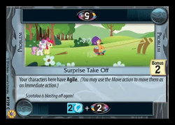 Size: 480x344 | Tagged: safe, enterplay, apple bloom, scootaloo, sweetie belle, earth pony, pony, friends forever (set), g4, my little pony collectible card game, parental glideance, ccg, merchandise, pokémon, reference, scooter, slingshot, team rocket
