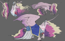Size: 1600x997 | Tagged: safe, artist:penrosa, princess cadance, alicorn, pony, g4, clothes, crown, cutie mark, dress, ethereal mane, female, gray background, headcanon in the description, headdress, horn, horn jewelry, jewelry, large wings, long horn, looking at you, mare, medieval, missing accessory, raised hoof, regalia, shawl, simple background, solo, spread wings, stray strand, tail feathers, walking, wings