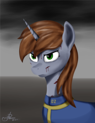Size: 2240x2880 | Tagged: safe, artist:raminy, oc, oc only, oc:littlepip, pony, unicorn, fallout equestria, blood, bust, clothes, fanfic, fanfic art, female, high res, horn, injured, jumpsuit, mare, solo, vault suit