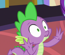 Size: 754x631 | Tagged: safe, screencap, spike, dragon, celestial advice, g4, season 7, baby, baby dragon, claws, cropped, fangs, hands up, male, open mouth, solo, tail, wide eyes