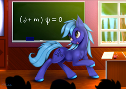 Size: 6000x4250 | Tagged: safe, artist:darksly, oc, oc:dayandey, earth pony, pony, apple, chalkboard, classroom, commission, food, smiling, solo focus, teacher, teaching