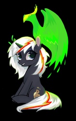 Size: 1280x2020 | Tagged: safe, artist:switchsugar, oc, oc:pyrelight, oc:velvet remedy, balefire phoenix, bird, phoenix, pony, unicorn, fallout equestria, cutie mark, fanfic, fanfic art, female, grin, hooves, horn, looking at you, magic, mare, simple background, sitting, smiling