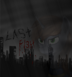 Size: 2422x2564 | Tagged: safe, artist:raminy, oc, oc only, oc:littlepip, pony, unicorn, fallout equestria, blood, bust, city, clothes, fanfic, fanfic art, female, high res, horn, injured, jumpsuit, mare, portrait, ruins, solo, text, vault suit