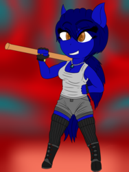 Size: 1200x1600 | Tagged: safe, artist:splint, oc, oc:brace, anthro, boots, chibi, clothes, combat boots, cute, dog tags, fingerless gloves, gloves, grin, hammer, low cut top, ponytail, shoes, shorts, sledgehammer, smiling, socks, tank top