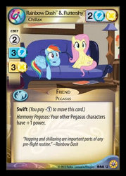Size: 344x480 | Tagged: safe, enterplay, fluttershy, rainbow dash, pony, friends forever (set), g4, it isn't the mane thing about you, my little pony collectible card game, ccg, couch, duo, merchandise, sitting