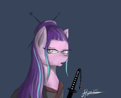 Size: 2100x1700 | Tagged: safe, artist:raminy, oc, oc only, earth pony, pony, blue background, bust, female, hooves, katana, mare, open mouth, samurai, simple background, solo, sword, weapon