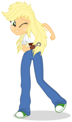 Size: 1351x2284 | Tagged: safe, artist:limedreaming, applejack, fanfic:my little pony: the unexpected future, equestria girls, g4, amputee, clothes, converse, female, freckles, hook, hook hand, patreon, patreon reward, prosthetic limb, prosthetics, shoes, simple background, smiling, sneakers, solo, transparent background, vector