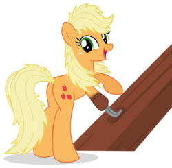 Size: 1035x1016 | Tagged: safe, artist:limedreaming, applejack, earth pony, pony, fanfic:my little pony: the unexpected future, g4, amputee, applebutt, butt, clothes, female, freckles, hook, mare, messy mane, patreon, patreon reward, plot, prosthetic limb, prosthetics, scar, shoes, simple background, smiling, solo, transparent background, vector, wood