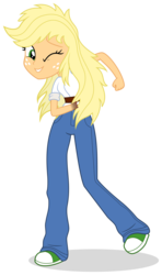 Size: 1351x2284 | Tagged: safe, artist:limedreaming, applejack, fanfic:my little pony: the unexpected future, equestria girls, g4, amputee, clothes, converse, female, freckles, missing hand, one eye closed, patreon, patreon reward, shoes, simple background, smiling, sneakers, solo, transparent background, vector, wink