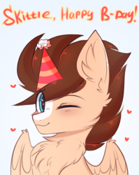 Size: 2240x2820 | Tagged: safe, artist:pesty_skillengton, oc, oc only, oc:skittle, pegasus, pony, bust, cute, happy birthday, hat, heart, heart eyes, high res, male, one eye closed, party hat, solo, stallion, wingding eyes, wink