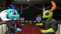 Size: 1920x1080 | Tagged: safe, artist:andrescortez7, princess ember, thorax, changedling, changeling, dragon, anthro, g4, 3d, alcohol, beer, bottle, clothes, dragoness, female, interspecies, king thorax, male, restaurant, ship:embrax, shipping, straight, wingless, wingless anthro
