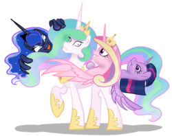 Size: 1294x1024 | Tagged: safe, artist:inersdraco, princess cadance, princess celestia, princess luna, twilight sparkle, alicorn, pony, g4, budding, female, mare, multiple heads, mutant, simple background, transparent background, twibutt, twilight sparkle (alicorn), wat, weird, what has magic done, wing hands, wings