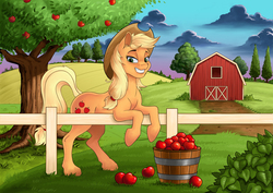 Size: 1280x905 | Tagged: safe, artist:toonlumps, applejack, earth pony, pony, g4, apple, apple tree, applejack's hat, barn, bucket, cloud, cowboy hat, female, fence, food, hat, mare, smiling, solo, stetson, sweet apple acres, tree