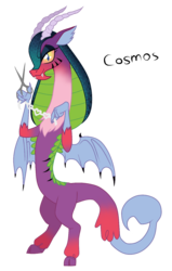 Size: 893x1404 | Tagged: safe, artist:unoriginai, idw, cosmos, draconequus, g4, antagonist, evil grin, grin, horns, idw showified, simple background, smiling, transparent background, vector, wings