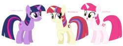 Size: 1075x405 | Tagged: safe, artist:eeveepikachuchan, lovestruck, moondancer, twilight sparkle, pony, unicorn, g4, alternate design, base used, female, headcanon, mare, simple background, transparent background, trio, trio female, unicorn twilight