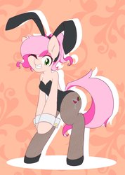 Size: 1460x2048 | Tagged: safe, artist:akainu_pony, oc, oc only, oc:cheers, earth pony, pony, semi-anthro, arm hooves, bipedal, bunny ears, bunny suit, clothes, cuffs (clothes), female, fishnet stockings, leotard, looking at you, mare, one eye closed, smiling, solo, wink