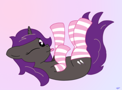 Size: 1504x1117 | Tagged: safe, artist:dafiltafish, oc, oc only, oc:stardust, pony, unicorn, clothes, socks, solo, striped socks, tongue out
