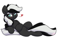 Size: 3911x2495 | Tagged: safe, artist:spoopygander, oc, oc only, oc:lelannie darkmane, pony, skunk, skunk pony, bedroom eyes, blushing, chest fluff, cute, eyeshadow, female, heart, heart eyes, high res, looking at you, lying down, makeup, multicolored hair, on side, pillow, skunk stripe, smiling, solo, wingding eyes