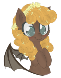 Size: 1489x1891 | Tagged: safe, artist:sinamuna, oc, oc only, bat pony, pony, bat wings, blushing, brown fur, bust, commission, curly hair, floral head wreath, flower, flower in hair, green eyes, hooves to the chest, orange hair, smiling, solo, wings, ych result