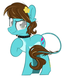 Size: 2260x2672 | Tagged: safe, artist:sinamuna, oc, oc only, oc:harmony ribbons, pony, blonde hair, blue fur, brown hair, choker, commission, flower, flower in hair, gray eyes, high res, highlights, leonine tail, ponysona, silver eyes, smiling, smirk, solo, studded choker, updated design