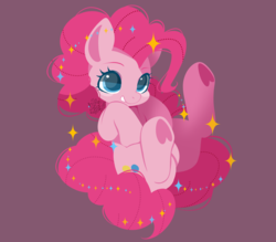 Size: 1600x1402 | Tagged: safe, artist:snow angel, pinkie pie, earth pony, pony, g4, colored pupils, cute, diapinkes, female, grin, heart, hoof heart, mare, purple background, simple background, sitting, smiling, solo, sparkles, underhoof