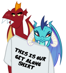 Size: 651x710 | Tagged: safe, artist:queencold, garble, princess ember, dragon, g4, clothes, dragoness, duo, female, funny, get along shirt, hilarious, male, shirt, simple background, teenaged dragon, transparent background