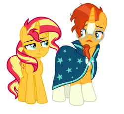 Size: 2000x1837 | Tagged: safe, artist:s-oujiisan, artist:winter-scarf, sunburst, sunset shimmer, pony, unicorn, g4, clothes, coat markings, cutie mark, duo, facial hair, female, flat colors, goatee, male, show accurate, similarities, simple background, socks (coat markings), transparent background, updated