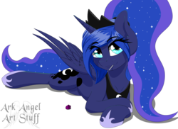 Size: 3300x2400 | Tagged: safe, artist:ark_angel4, artist:arkangel04, princess luna, alicorn, pony, g4, alternate hairstyle, candy, chest fluff, crown, ear fluff, ethereal mane, female, food, hair tie, high res, jewelry, lollipop, looking at you, lying down, mare, ponytail, regalia, simple background, solo, starry mane, transparent background, watermark