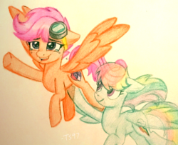 Size: 1713x1394 | Tagged: safe, artist:twisparkle97, rainbow dash, scootaloo, ghost, pony, g4, goggles, holding a pony, older, scootaloo can fly, traditional art