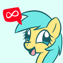 Size: 1280x1280 | Tagged: safe, artist:datahmedz, sunshower raindrops, pegasus, pony, raindropsanswers, g4, ask, blue background, derp, female, infinity symbol, looking at you, mare, open mouth, simple background, smiling, solo, tumblr