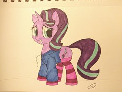 Size: 1040x780 | Tagged: safe, artist:taurson, starlight glimmer, pony, unicorn, g4, clothes, female, grin, hoodie, looking at you, mare, nervous, nervous smile, smiling, socks, solo, starlight glimmer day, striped socks, traditional art