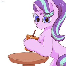 Size: 1024x1024 | Tagged: safe, artist:glazirka, starlight glimmer, pony, unicorn, g4, cute, drink, eye clipping through hair, female, glimmerbetes, holding, looking at you, mare, soda, solo, table
