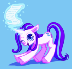 Size: 581x557 | Tagged: safe, artist:starstation, starlight glimmer, pony, unicorn, g4, female, floppy ears, glowing horn, horn, looking at you, magic, mare, one eye closed, open mouth, scroll, smiling, solo, wink
