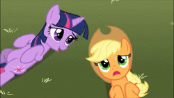 Size: 1280x720 | Tagged: safe, screencap, applejack, twilight sparkle, earth pony, pony, unicorn, g4, the super speedy cider squeezy 6000, animated, female, hat, out of context, smiling, sound, sweat, webm