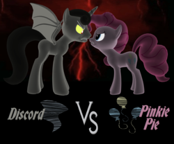 Size: 2348x1952 | Tagged: safe, discord, pinkie pie, pony, g4, 3d, angry, fight, pony discord, red lightning, source filmmaker, teeth, versus