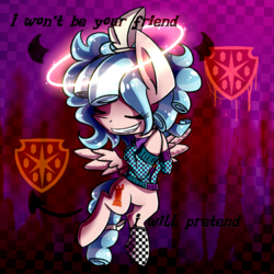 Size: 1861x1861 | Tagged: safe, artist:lixthefork, cozy glow, demon, pony, g4, clothes, evil, female, halo, punk, socks, solo, wanna be friends?