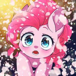 Size: 1434x1434 | Tagged: safe, artist:zakro, pinkie pie, earth pony, pony, g4, blushing, cherry blossoms, cute, diapinkes, female, flower, flower blossom, flower petals, heart eyes, mare, open mouth, sakura pie, signature, solo, wingding eyes