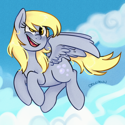 Size: 2481x2481 | Tagged: safe, artist:phomixed, derpy hooves, pegasus, pony, g4, cloud, female, flying, high res, mare, open mouth, sky, smiling, solo