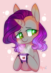 Size: 1065x1515 | Tagged: source needed, safe, artist:archi, oc, oc only, oc:moonsonat, pony, unicorn, bubble, coffee, commission, cup, embarrassed, green eyes, simple background, solo, tattoo