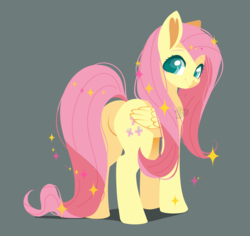 Size: 1500x1415 | Tagged: safe, artist:snow angel, fluttershy, pegasus, pony, g4, butt, colored pupils, cute, featureless crotch, female, gray background, looking at you, looking back, looking back at you, mare, plot, rear view, shyabetes, simple background, smiling, solo, sparkles