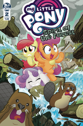Size: 1054x1600 | Tagged: safe, artist:tonyfleecs, idw, official comic, apple bloom, scootaloo, sweetie belle, beaver, earth pony, pegasus, pony, unicorn, g4, spoiler:comic, spoiler:comicspiritoftheforest02, cover, cutie mark crusaders, female, filly, foal, log, this will end in tears and/or death and/or covered in tree sap