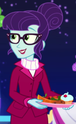 Size: 591x968 | Tagged: safe, screencap, rosette nebula, equestria girls, g4, my little pony equestria girls: better together, twilight under the stars, clothes, cropped, cute, female, food, hair bun, hors d'oeuvre, smiling, solo, sweater, turtleneck