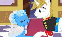 Size: 1287x772 | Tagged: safe, artist:tharaxia, prince blueblood, trixie, pony, g4, clothes, dress, female, jewelry, male, marriage, ring, ship:bluetrix, shipping, straight, wedding, wedding dress, wedding ring