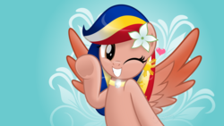 Size: 5304x2984 | Tagged: safe, artist:jhayarr23, oc, oc only, oc:pearl shine, pegasus, pony, blinking, colored wings, colored wingtips, female, filipino, flower, flower in hair, frog (hoof), grin, heart, jewelry, mare, necklace, one eye closed, raised hoof, simple background, smiling, solo, underhoof, wallpaper, wink