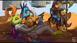 Size: 4000x2250 | Tagged: safe, artist:eztp, caramel, princess ember, thorax, changedling, changeling, dragon, earth pony, anthro, unguligrade anthro, g4, amputee, armor, axe, commission, crystal, cube, desert, dragoness, female, interspecies, king thorax, looking at each other, male, prosthetic limb, prosthetics, ship:embrax, shipping, straight, weapon