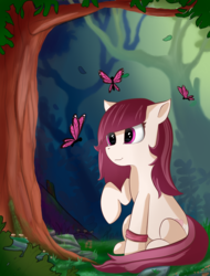 Size: 1730x2280 | Tagged: safe, artist:louisep3, oc, oc only, butterfly, earth pony, pony, female, forest, mare, scenery, solo, tree