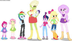 Size: 1600x916 | Tagged: safe, artist:gamerpen, applejack, fluttershy, granny smith, pinkie pie, princess celestia, principal celestia, rainbow dash, rarity, sci-twi, twilight sparkle, equestria girls, g4, age regression, apple bloom's bow, babity, baby, bow, clothes swap, diaper, hair bow, humane five, humane six, simple background, sleeping, toddler, transparent background, young granny smith, younger