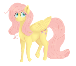 Size: 1923x1674 | Tagged: safe, artist:jovialfire, fluttershy, pegasus, pony, g4, female, folded wings, looking away, looking up, mare, simple background, smiling, solo, standing, three quarter view, transparent background, wings